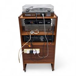Vintage teak hi-fi cabinet comprising Realistic SCT-90 tape deck, STA 2270 receiver, Optimus 45 stereo speakers, Pioneer PL-1120 turntable,  Panasonic DVD 535 player 