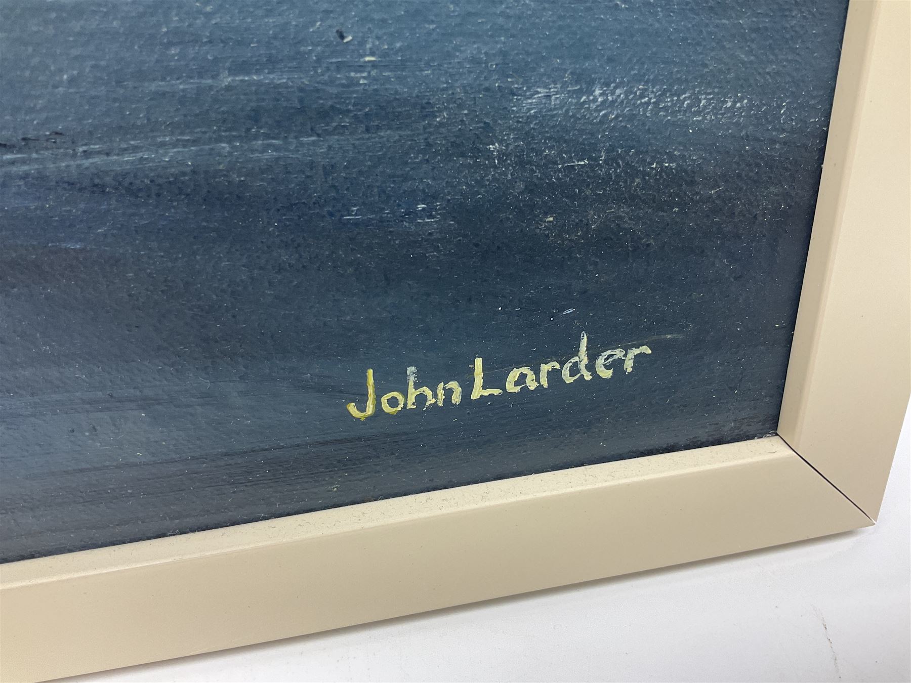 John Larder (20th century) - study of Lancaster bombers landing on a runway at dusk, oil painting on canvas board, 37 x 51cm, white frame