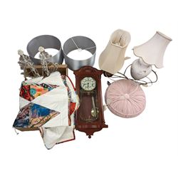 Rapport wooden wall clock, pair of glass table lamps, quilt with Japanese fabric, other lamps, etc