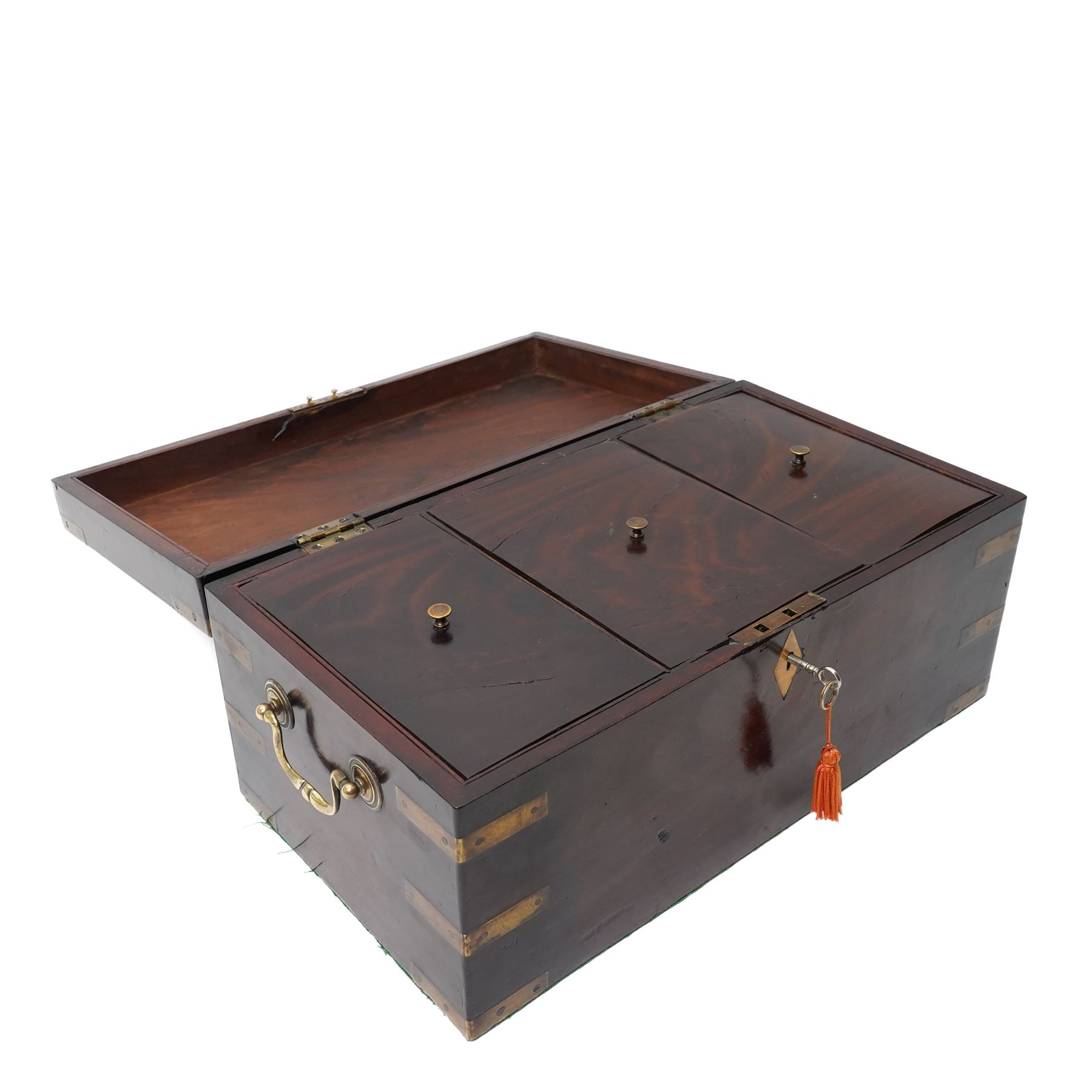 19th century brass bound mahogany tea caddy with three compartments, twin carrying handles, with key