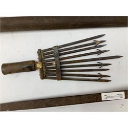 Blue and red painted gas powered bird / pest scarer, bearing label 'Exid bird & pest scarer, imported by C.R.E.A.C.O Hadleigh, Essex', , copper and brass Cymag gas hand pump, three eel spears and a set of badger tongs. Auctioneer's Note: These traps are sold as artefacts for ornamental purposes only as the use of some of them is illegal.