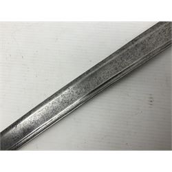 Late 18th century sword, the Spanish 79.5cm curving fullered blade engraved with the Royal Cypher, battle trophies and 'Viva Espania' banner, French Sabre de Mineur brass three-bar hilt with ebonised reeded grip L93.5cm overall (no scabbard)