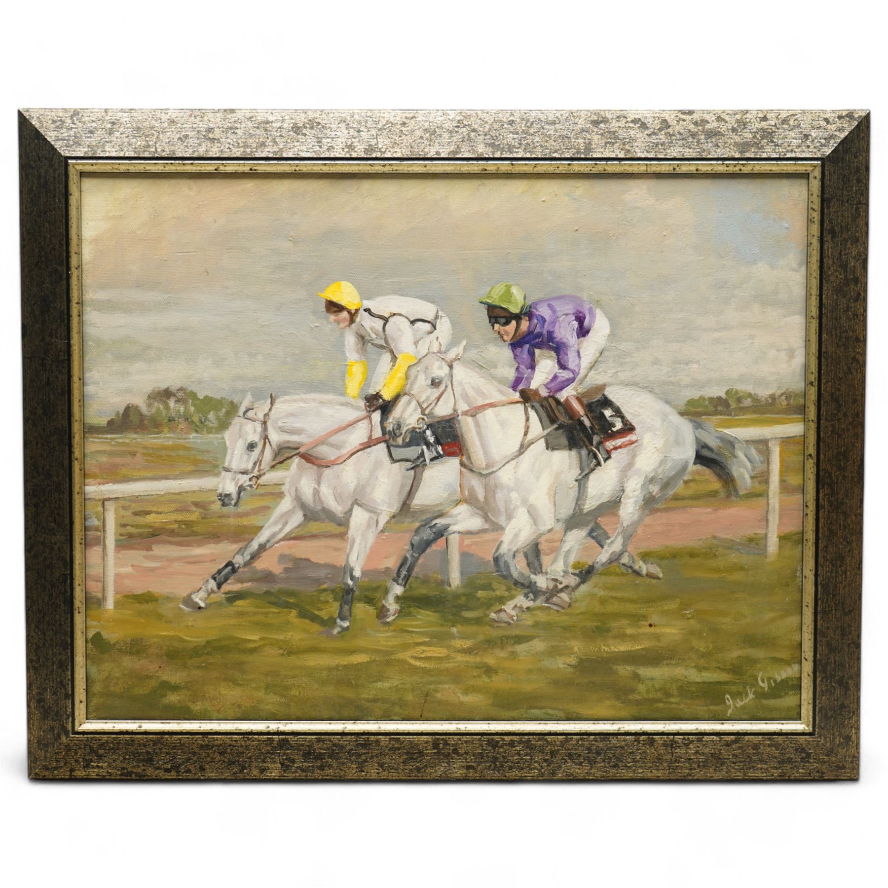 Jack G* (British Late 20th century): Neck and Neck at York Racecourse, oil on canvas signed 34cm x 45cm
Provenance: Mount Royale Hotel, York