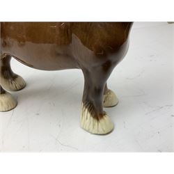 Three Beswick models comprising Hereford Bull no 949, 'CH Cutmil Cupie' Pug, and bay Shire horse, all with printed marks beneath