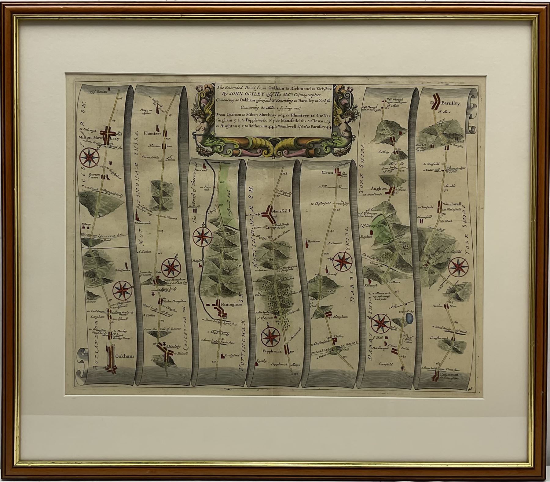 John Ogilby (British 1600-1676): 'The Extended Road from Oakham to Richmond in Yorkshire', late 17th century engraved strip map with hand colouring 35cm x 46cm