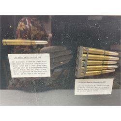 SECTION 1 FIRE-ARMS CERTIFICATE REQUIRED - Two cased specimen displays of annotated ammunition/cartridges - one entitled 'First World War Collection' containing twenty items including 7.63 Mauser, 7.65 Luger, .303, 7.62 x 54R Russian long, 455 Mk.II lead, 455 Auto etc; the other with sixteen items/clips including Musket cartridge, .577 Snider-Enfield, .577/45 Martini Henry, .303 Enfield Magazine, 7.62 Charger Clip, Specialised .303 rounds etc; largest case 41 x 76cm (2)