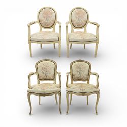 Two pairs of French fauteuil design painted armchairs, upholstered in tapestry fabric