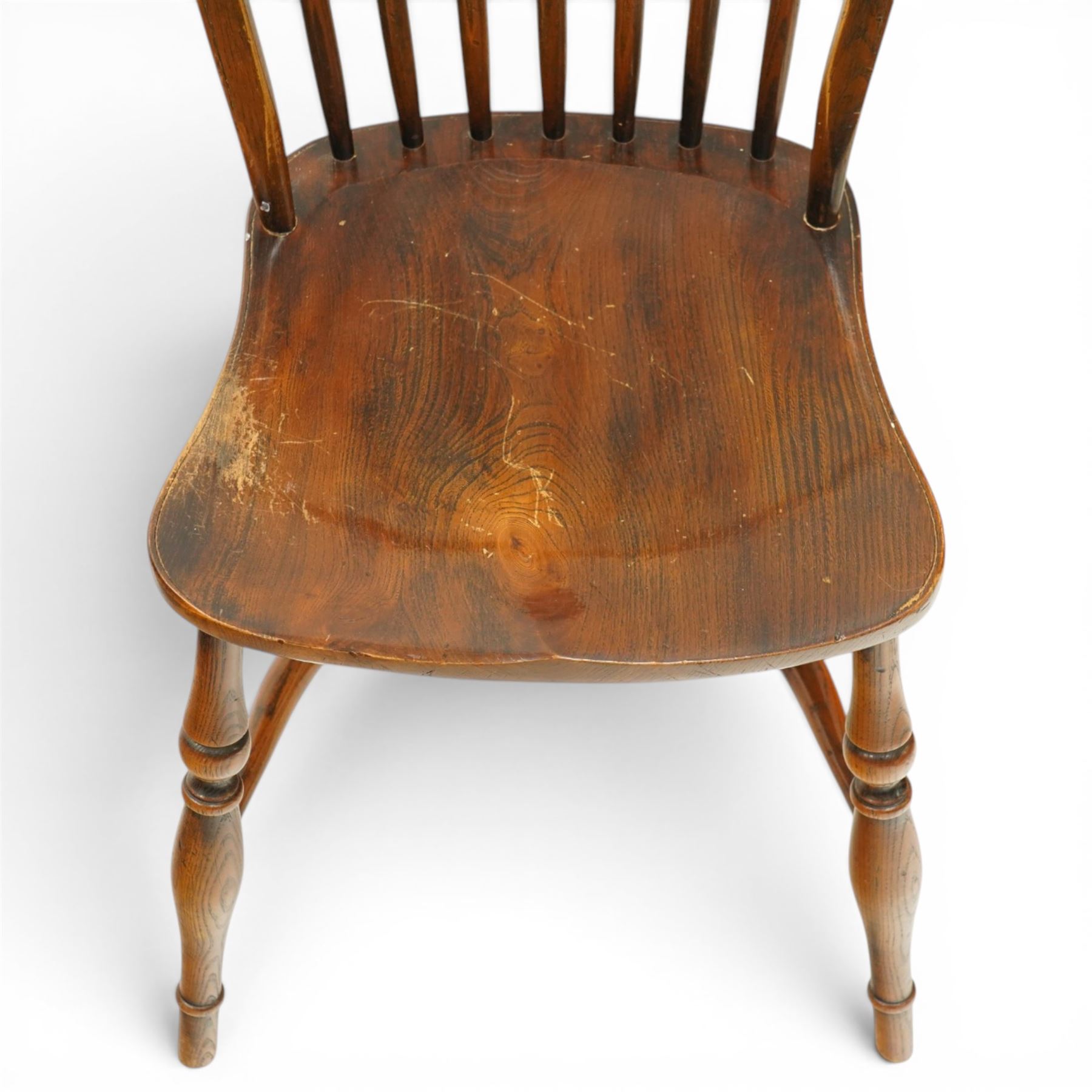 Batheaston Bespoke Furniture Harrogate - set of six (4+2) oak Windsor dining chairs, hoop and stick backs over shaped saddle seats, raised on turned supports united by crinoline stretcher