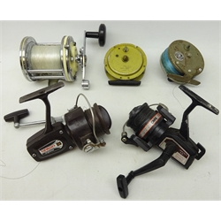  Garcia Mitchell 624 multiplier reel, Mitre-Hardy 'Jewel' 31/4 centre pin reel, another and two open face reels (5)  