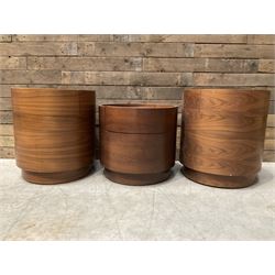Three walnut circular barrel shaped lamp tables, fitted with single drawer (lower table D53cm, H49cm)