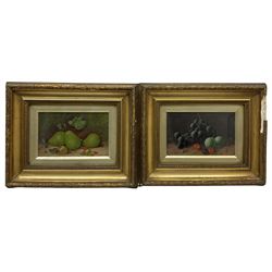 J O Rattenbury (British mid 20th century): Still Life of Pears and other Fruit, pair oils on board signed and dated 195*, 14cm x 22cm (2)