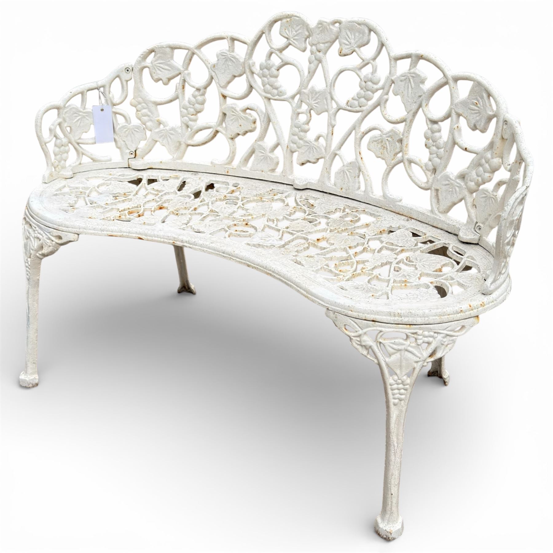 Victorian design white painted cast iron garden bench with grapevine and ivy design