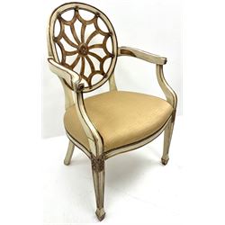 French style painted wheel back chair, studded upholstered seat, square tapering supports on spade feet