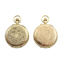 9ct gold open face ladies keyless lever fob watch, London import marks 1912 and one other 9ct rose gold open face ladies keyless pocket watches, Glasgow import marks 1913?, both with gilt dials and Roman numerals   