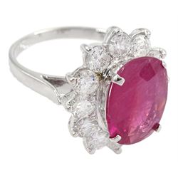 18ct white gold oval ruby and round brilliant cut diamond cluster ring, stamped 18K, ruby approx 3.70 carat, total diamond weight approx 1.65 carat