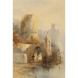 Attrib. James Duffield Harding (British 1798-1863): View of the East Yorkshire Coast, pencil unsigned 18cm x 27.5cm; Continental School (19th/20th century): Girl Underneath Archway, watercolour unsigned 24cm x 16cm and English School (19th/20th century): Horse Riders in a Forest Clearing, oil on board indistinctly signed 14cm x 20cm (3)