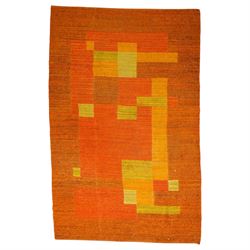 Vintage handwoven modernist rug with cubist design in contrasting tones of amber and orange