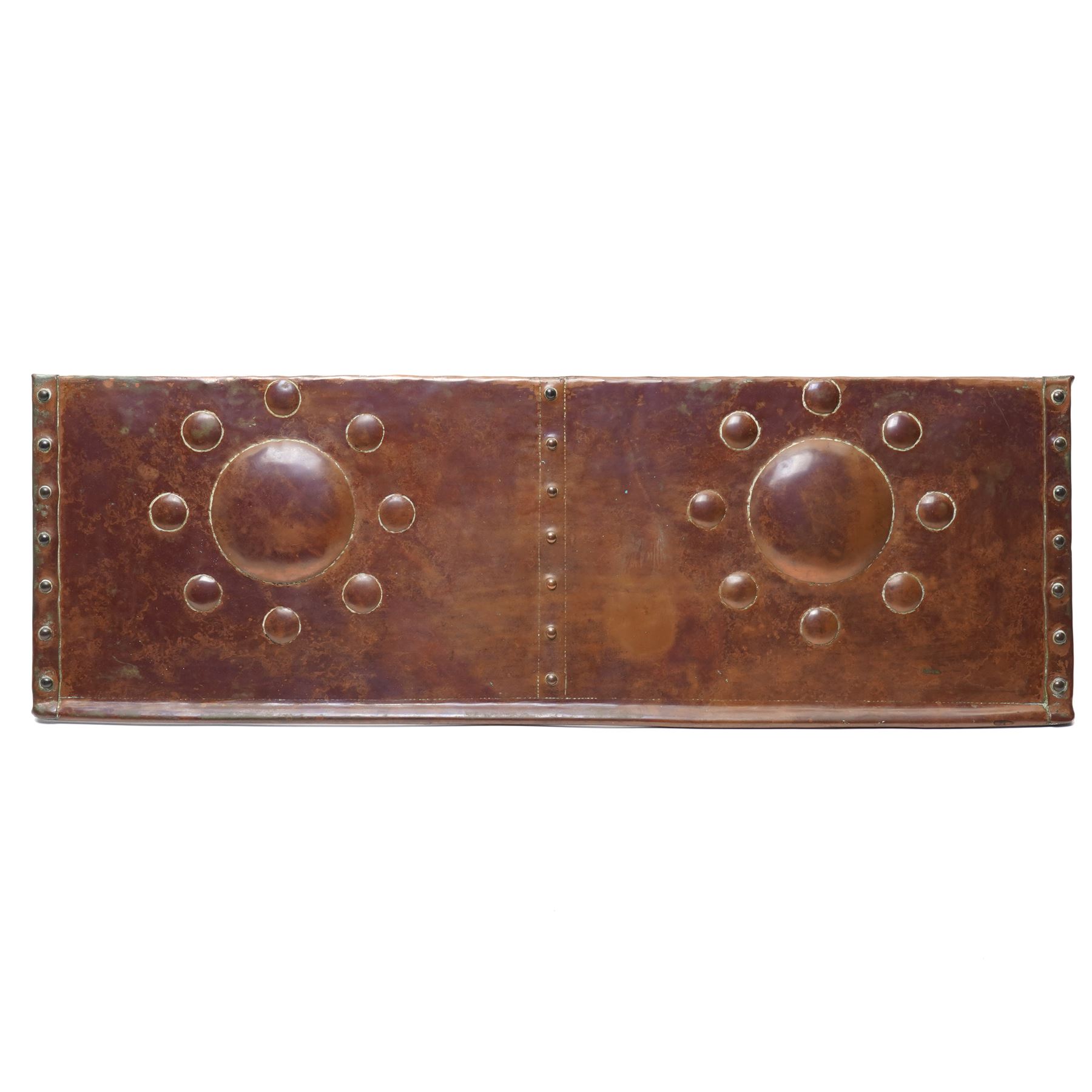 Arts & Crafts period copper fireplace hood by John Pearson, decorated with stylised roundels, signed verso, W77cm