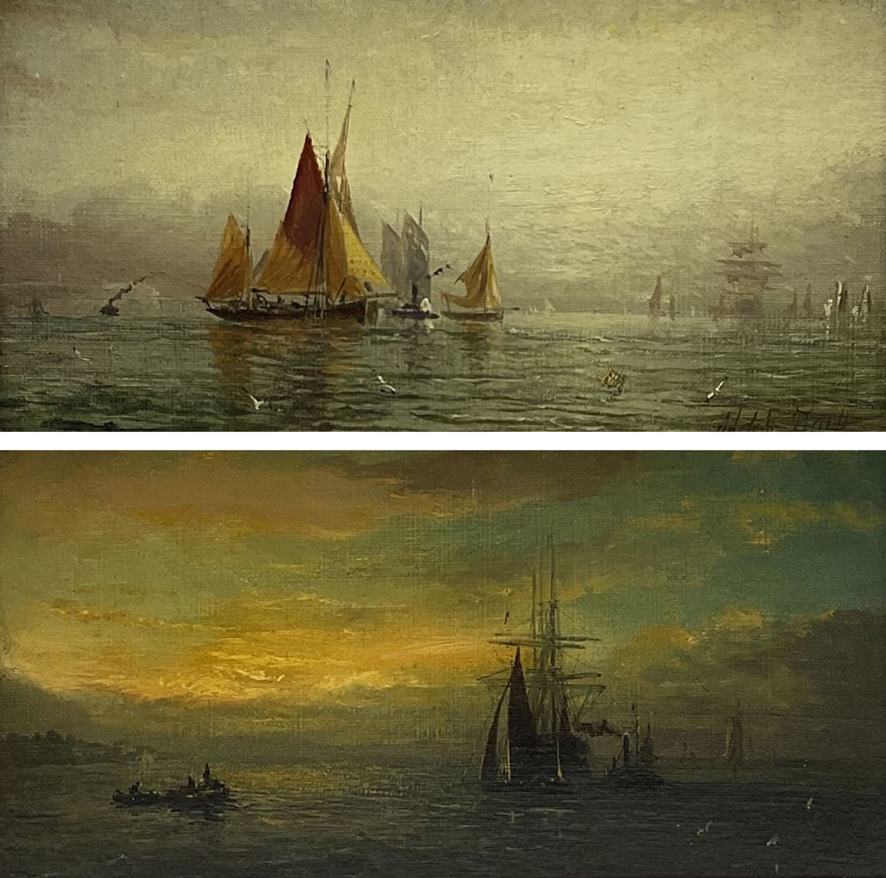 William Adolphus Knell (British 1801-1875): Shipping at Sunrise and Sunset, pair oils on canvas signed 13cm x 26cm (2)