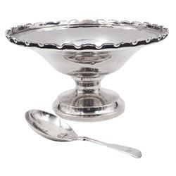 1930's silver pedestal dish, of plain circular form with shaped rim, upon circular stepped foot, H8.1cm, hallmarked Marson & Jones, Birmingham 1937, together with a Victorian silver Fiddle pattern caddy spoon, hallmarked Samuel Hayne & Dudley Cater, London 1842, approximate total weight 4.08 ozt (127 grams)
