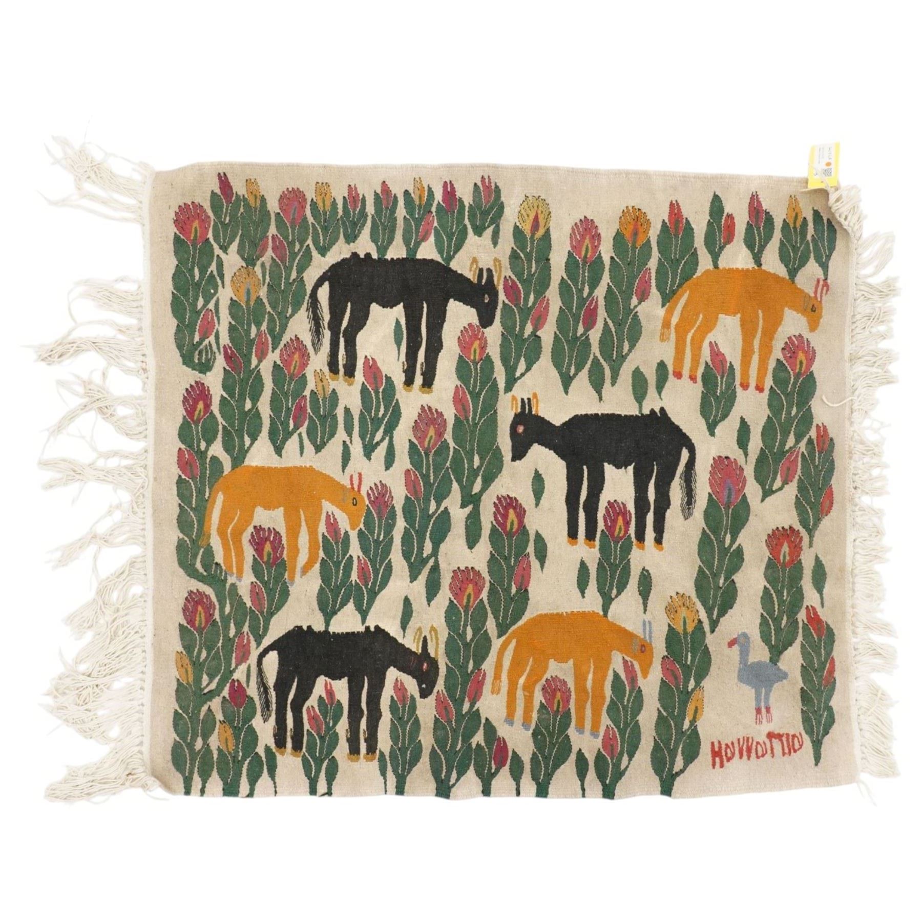 Anatolian pictorial folk art wall hanging or rug, depicting several mountain goats, flamingo and flowers, signed indistinctly 