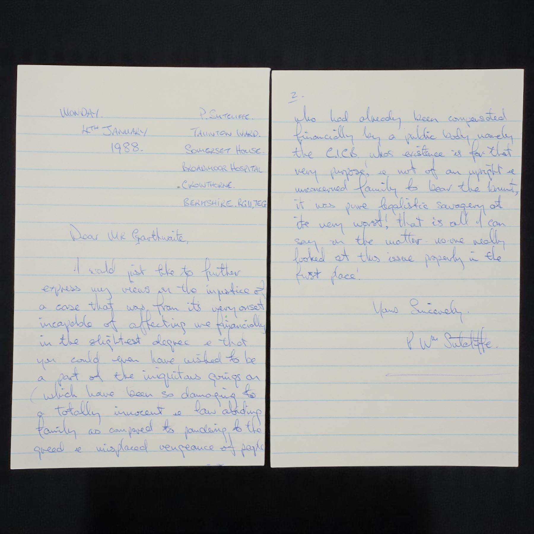 Signed Correspondence from Peter Sutcliffe (The Yorkshire Ripper) Concerning Bankruptcy and Victim Compensation, a collection of five signed letters from convicted serial killer Peter William Sutcliffe to his trustee in bankruptcy, relating to court-ordered compensation to his victims.
Notes: Comprising two typed and two handwritten letters from January–February 1988, signed “P. Wm. Sutcliffe,” discussing his bankruptcy discharge and expressing resentment over financial penalties. Includes a Times newspaper clipping (18 December 1986) on the related legal dispute involving Sutcliffe’s wife, Sonia, and the attempted forced sale of their home.
Addressed to Mr Roy Garthwaite, the appointed trustee in Sutcliffe’s bankruptcy. Written from Broadmoor Hospital, where Sutcliffe was held following his conviction for murdering 13 women and attempting to murder 7 others between 1975 and 1980.

Provenance: Consigned by the family of Roy Garthwaite. All documents are original; the typed letters are signed by Sutcliffe.