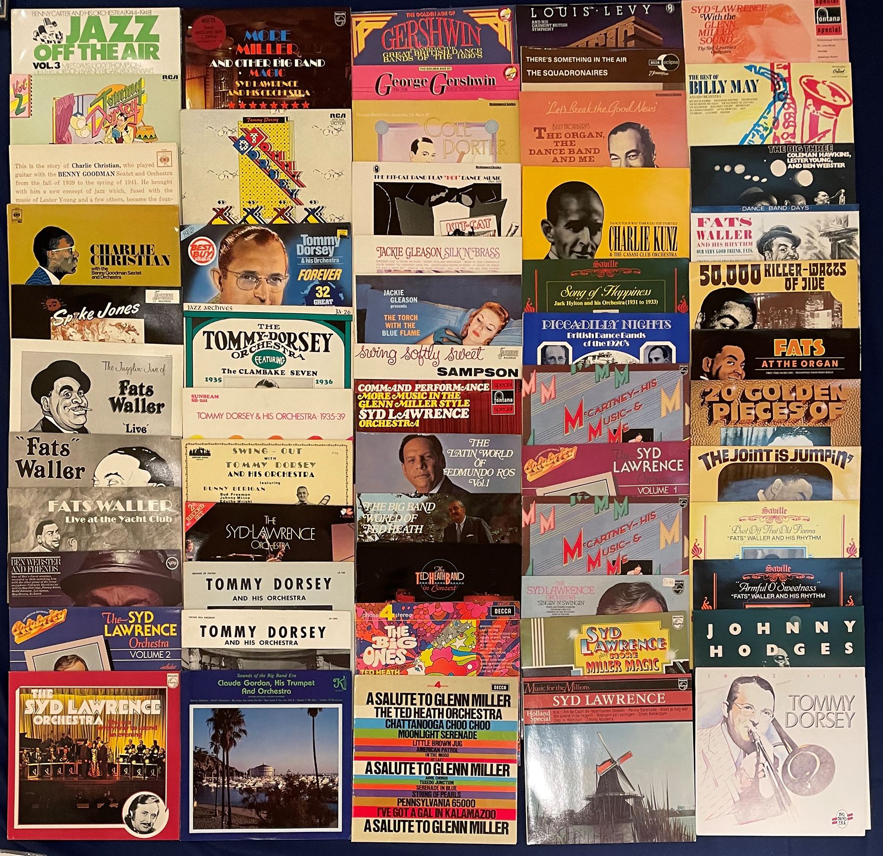 Mostly Jazz vinyl records including 'Caribbean Ros Edmundo Ros and his Orchestra', 'Teddy Wilson And His All-Stars', 'The Real Fats Waller', 'Swing High Tommy Dorsey', 'The Latin World Of Edmundo Ros Vol.1', 'Command Performance More Music In The Glenn Miller Style Syd Lawrence Orchestra' etc, approximately 140