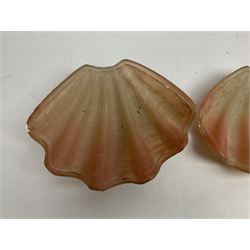 Pair of 1930s Art Deco wall lights, the opaque pink clam shell form glass shades with stylised chrome mounts, W26cm