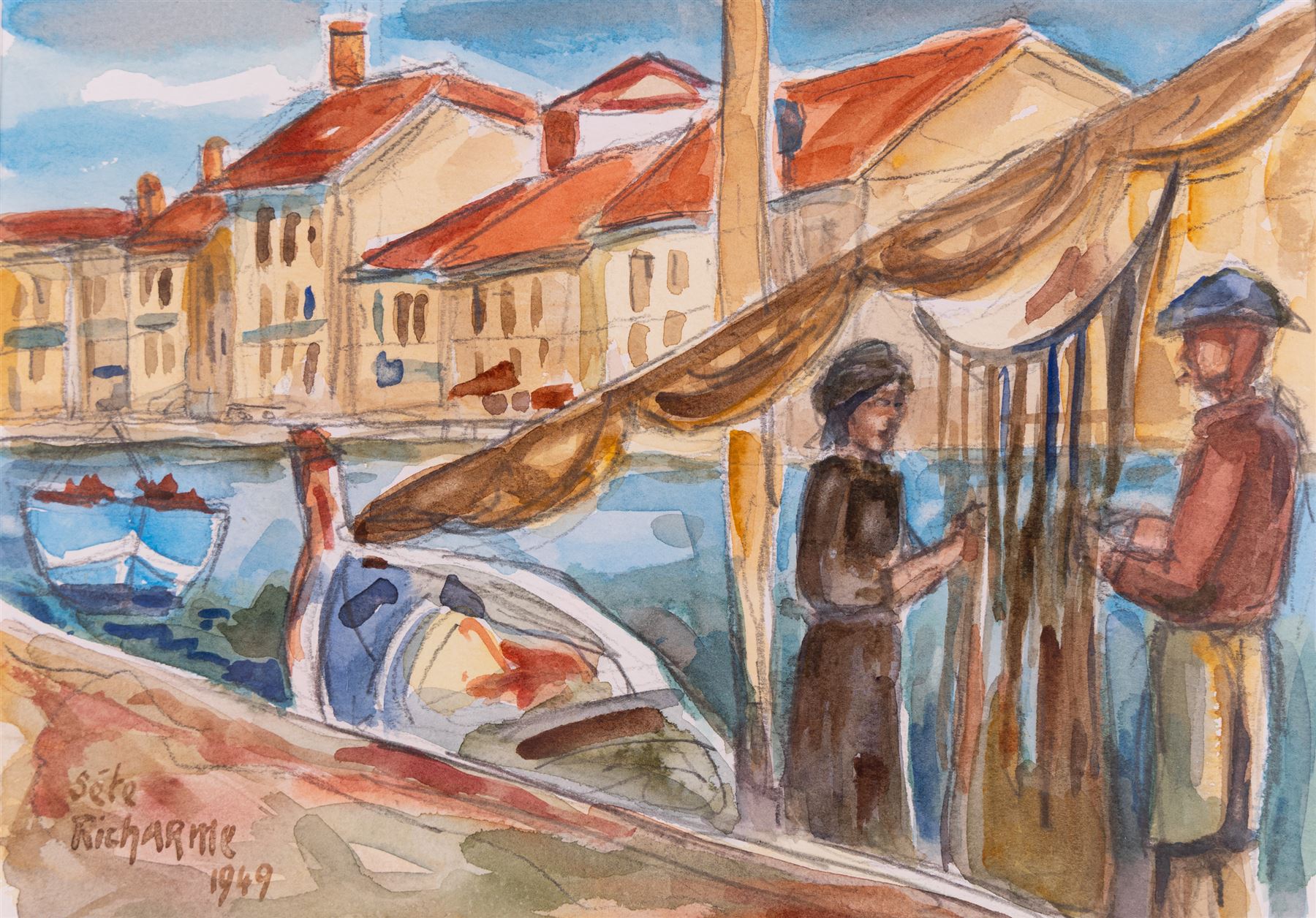 Colette Richarme (French 1904-1991): 'Sete', watercolour signed titled and dated 1949, 20cm x 27.5cm