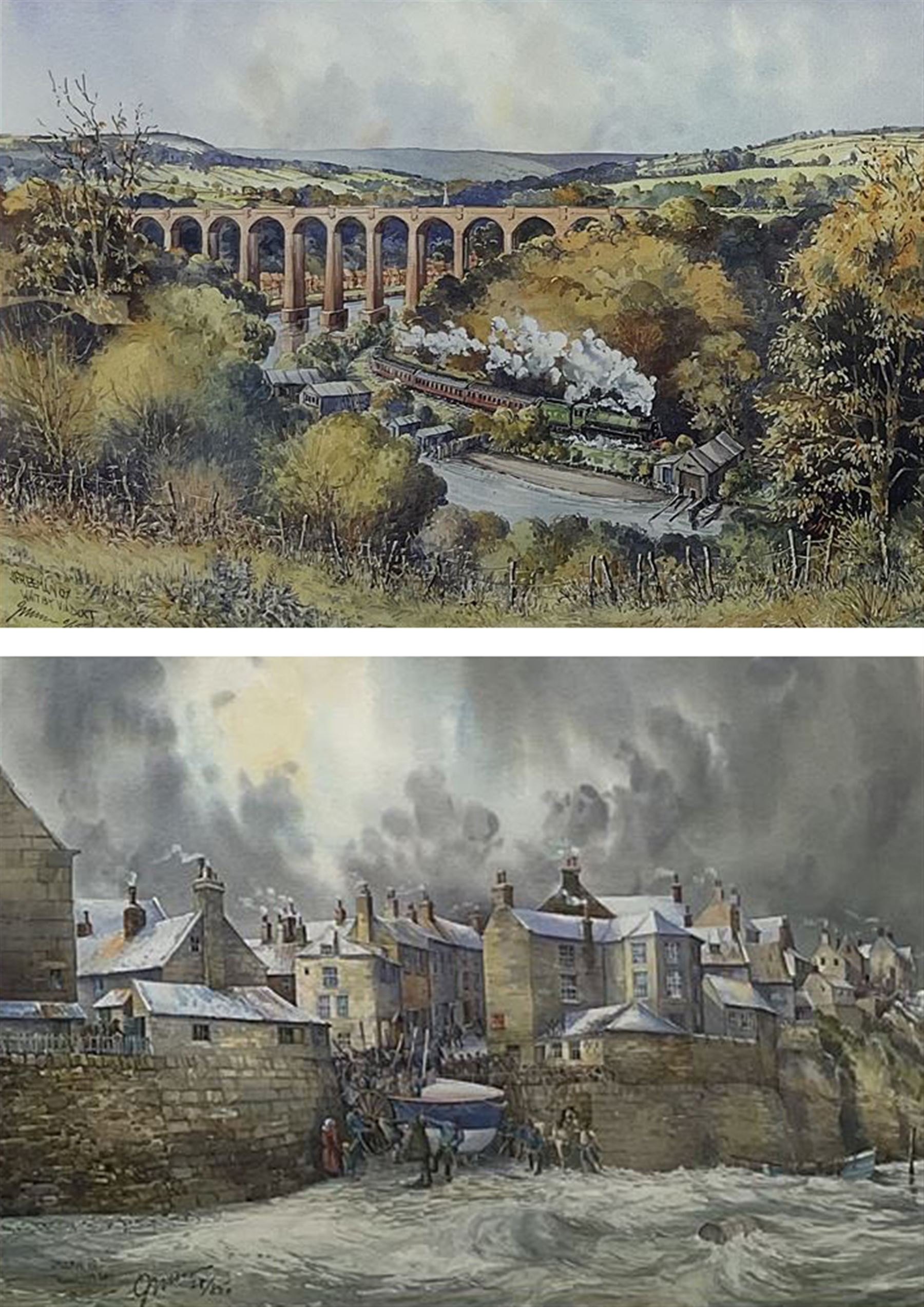 John Freeman (British 1942-): 'Whitby Viaduct' and Launching the Lifeboat 'Robin Hood's Bay', pair limited edition prints signed and numbered 6/500 and 28/850, respectively, 34cm x 49cm and 24cm x 35cm