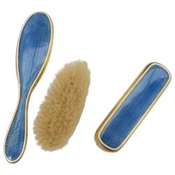 Blue guilloche enamel decorated travel dressing table set, housed in a blue carry case, together with a pair of silver plated shell salts with matching spoons, Wedgwood Jasperware salt with silver top, hallmarked and other cabinet items 