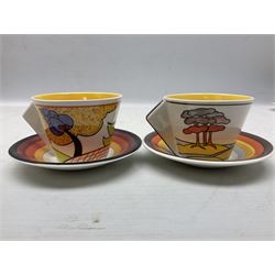 Wedgwood limited edition Clarice Cliff Design Taking Tea collection, comprising eight cups and saucers Honolulu, Apples, Gibraltar, Lilac Crocus, Trees and House, Coral Firs, Devon, and Sunray, with certificates of authenticity 