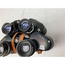 Nine cased pairs of binoculars, to include Tohyoh 22x70, Greenkat 7x- 12x50, Chinon, Fisher-Dietz 7x50, etc