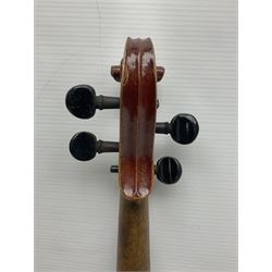 Late 19th century French three-quarter size 'Conservatory' violin with 34cm two-piece maple back and ribs and spruce top, the peg box inscribed 'Conservatory Violin Straduari', bears label 'Antonius Stradiuarius Cremonensis Faciebat Anno 1721' L55.5cm overall; in ebonised wooden 'coffin' case; and Saxony violin c1900 with 36cm two-piece maple back and ribs and spruce top; bears label 'Antonius Stradivarius Cremonensis Faciebat Anno 17**' L59cm overall; in carrying case (2)