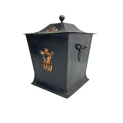 Art Nouveau period metal coal bucket with hinged lid, decorated with applied copper cartouches, with interior with metal liner 