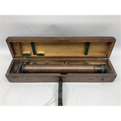 Early 20th century brass and black japanned gunsighting telescope inscribed 'G.S. Telescope X8 No.2127 W.G. Pye & Co Cambridge 1918 No.18' with X graticule to lens L53cm; in wooden box marked 'Gunsighting Telescope'