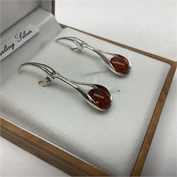 Pair of silver and Baltic amber pendant earrings, stamped 925, boxed 