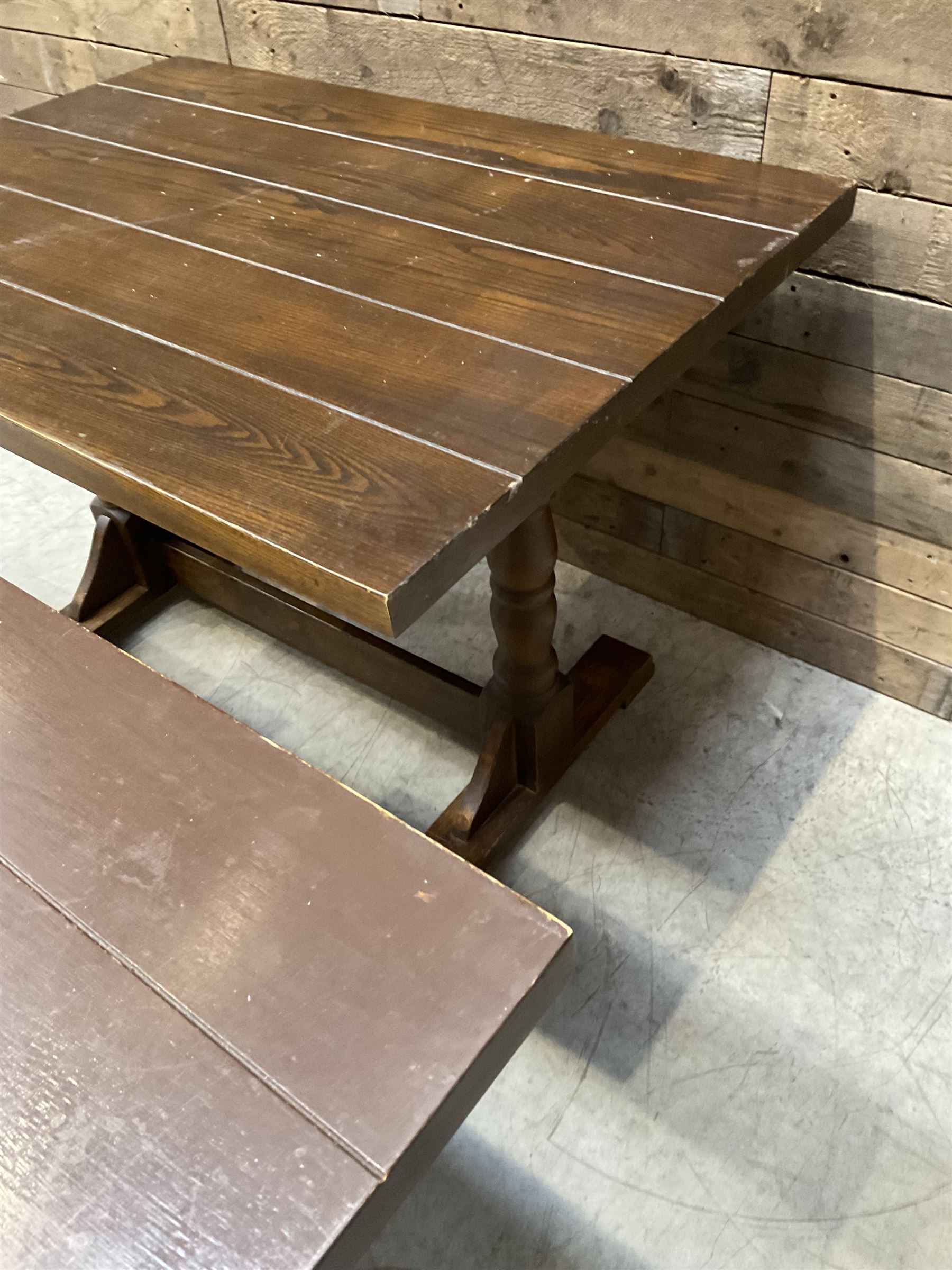 Single oak rectangular table on turned supports joined by a single stretcher (W110cm, D80cm, H75cm) and two similar square pedestal tables (W70cm, D70cm, H76cm) (3)