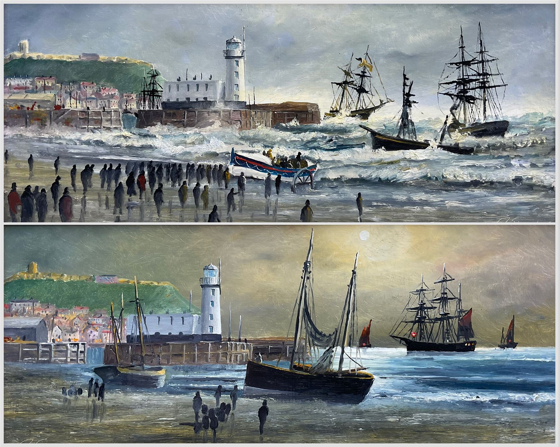 Robert Sheader (British 20th century): Scarborough South Bay at Low and High Tide, pair oils on board signed 21cm x 49cm (2)