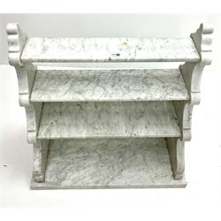 Early 20th century double sided waterfall white and black veined marble stand, three graduating tiers, scrolling solid ends on rectangular base