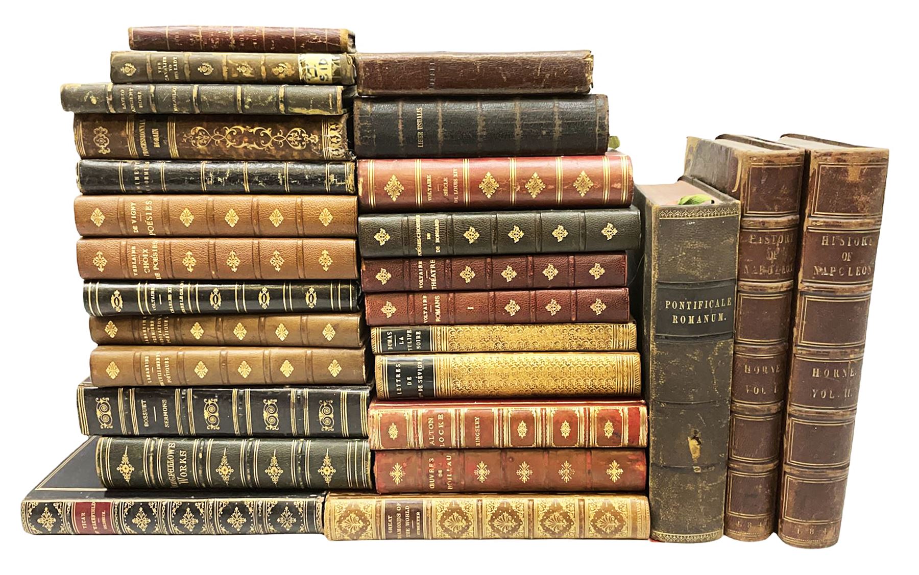 Twenty-seven 19th century leather bound books including The History of Napoleon Edited by R.H. Horne.1841; The Great Diamonds of the World by Edwin W. Streeter. 1882 Second edition; works by Voltaire; etc (27)
