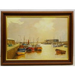  Don Micklethwaite (British 1936-): Bridlington Harbour at Sunrise, oil on canvas board signed 34cm x 49.5cm  