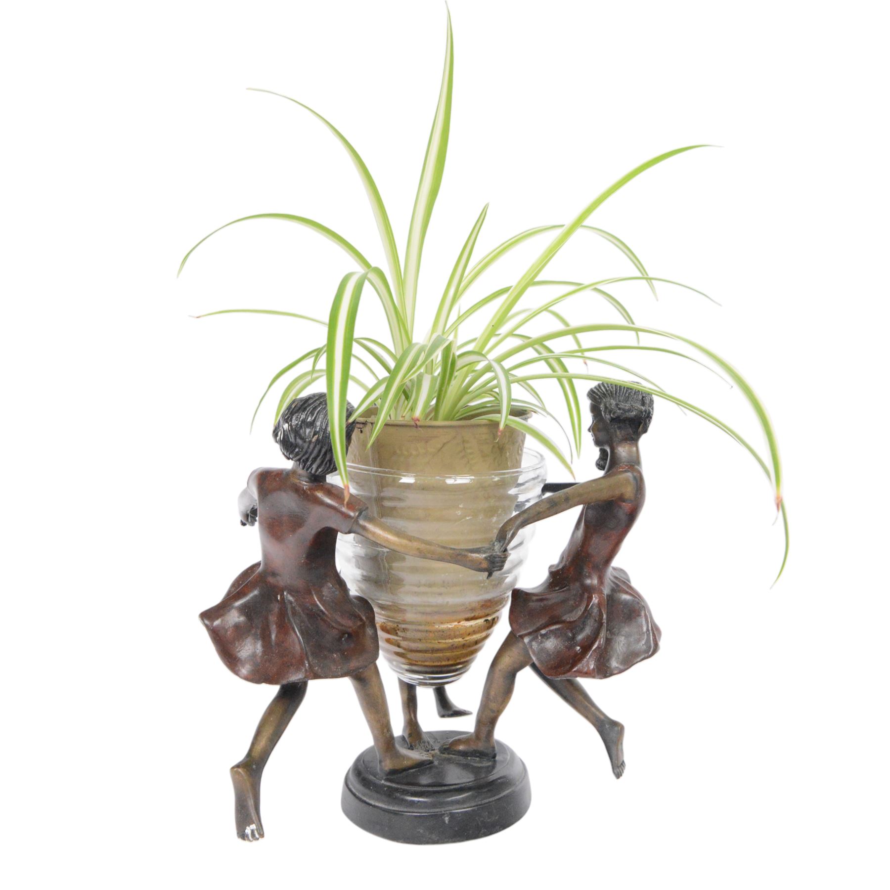 After Edouard Louis Collet: Circle of Three, bronze and glass centrepiece, H22cm