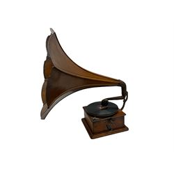 Early 20th century oak cased gramophone, the motor marked 'Garrard No.20 REF No.1030', with ribbed oak horn, base 30cm square; with one 78rpm record and Columbia tin of needles