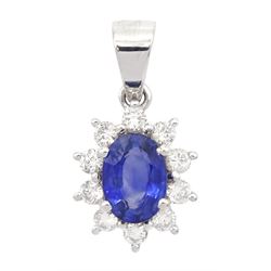18ct white gold oval cut sapphire and round brilliant cut diamond cluster pendant, sapphire approx 1.00 carat, total diamond weight approx 0.30 carat