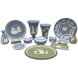 Wedgwood blue and green Jasperware pedestal vase, together with three other vases, pin dish, trinket boxes, etc (14)