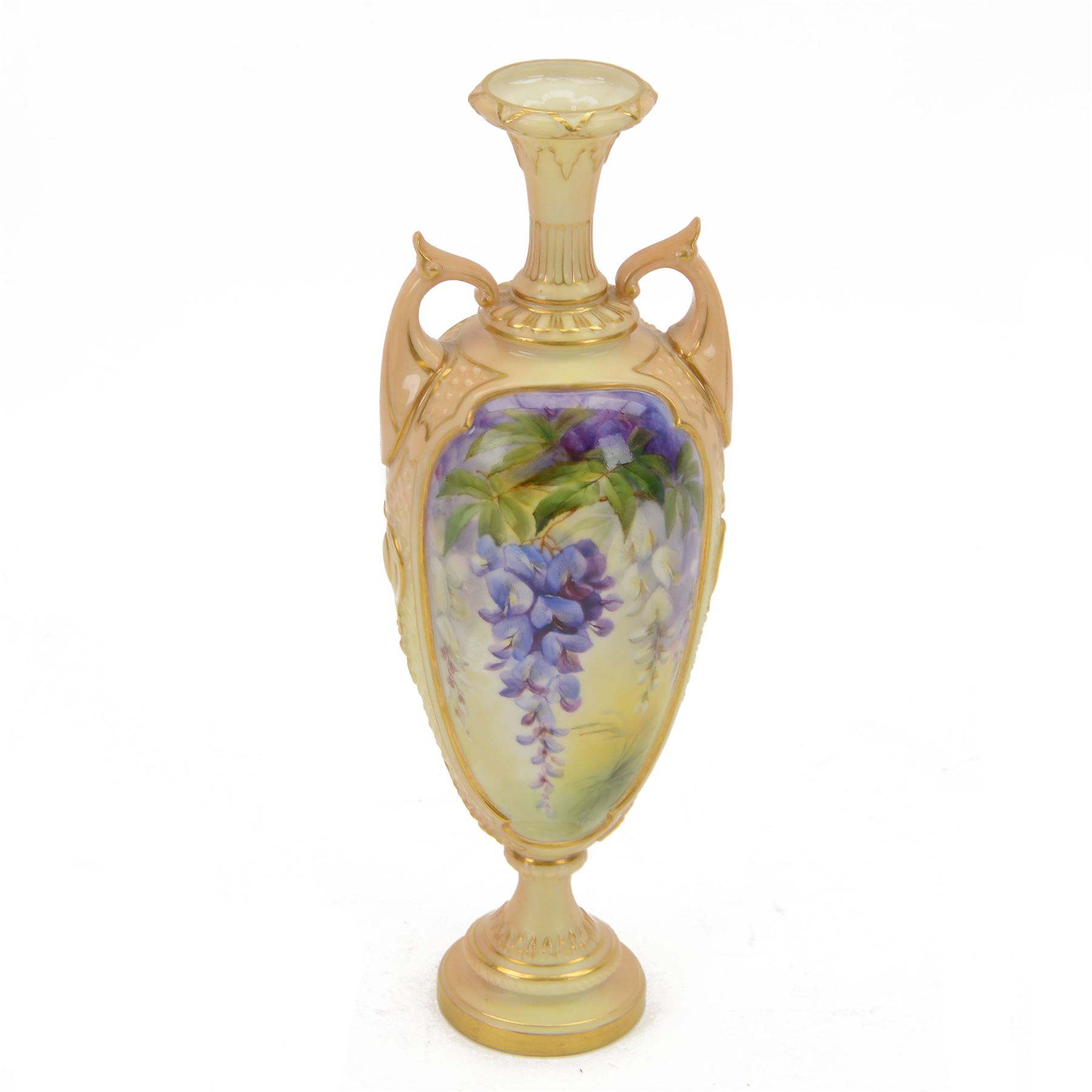 20th century Royal Worcester twin handled pedestal vase, the panels decorated with wisteria and signed Cole, with puce printed mark beneath, H27cm
