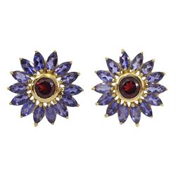Pair of 9ct gold round garnet and marquise shaped iolite cluster stud earrings, hallmarked