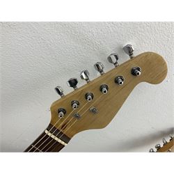 Fender style sunburst electric guitar with manuscript mark 'Zenta Stratocaster 1963' L97cm; in hard carrying case; another similar unmarked sunburst electric guitar; in gig bag; and Fender Frontman Amplifier, serial no.M473406 (3)