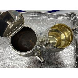 Victorian silver plated teapot and twin handled sucrier, with ornate foliate engraved decoration, together with a Sheffield silver plated twin handled tray and three Cries of London Weatherby Hanley plates and a meat plate